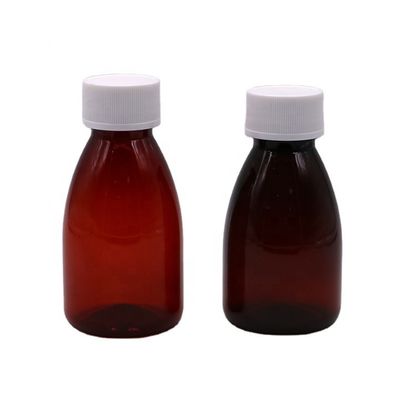 Couleurs personnalisées 100 ml PET Ambre Plastique Liquide Par voie orale Bouteille de qualité médicamenteuse avec bouchon de sécurité