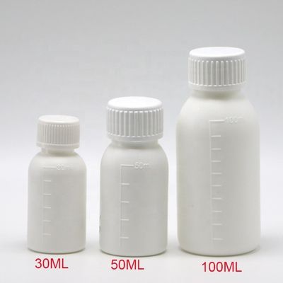 Bouteille de médicaments liquides blancs de 30 ml/50 ml/100 ml PP avec corps décalé et sérigraphie