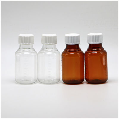Bouteille de liquide oral pour sirop pour la toux en PET ambre/ bleu à l' érable de 100 ml avec capuchon CRC et joint thermique