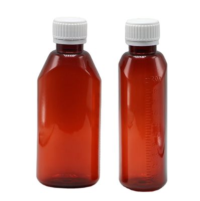 Récipient de médicaments liquides en PET de pharmacie ovale ambrée de 200 ml avec couvercle et échelle