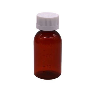 Bouteille liquide de sirop plastique ambrée PET de 30 ml avec capuchon à vis anti-altération
