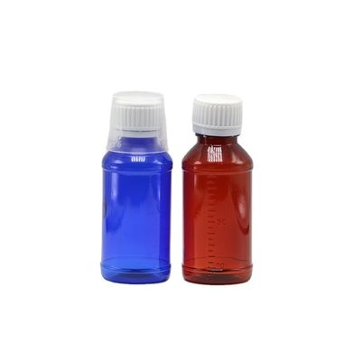 Bouteille de sirop pour la toux PET 100 cc ambre/orange/bleu avec bouchon de sécurité et joint thermique