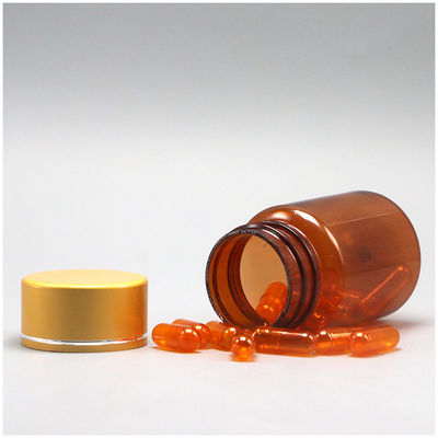Pilule PET ambrée rechargeable de 60 ml Capsule Bouteille d' huile de poisson avec bouchon à vis en aluminium argenté