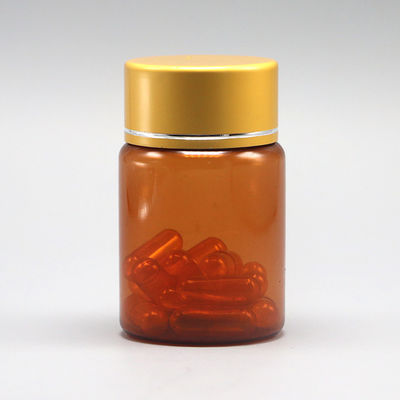 Pilule PET ambrée rechargeable de 60 ml Capsule Bouteille d' huile de poisson avec bouchon à vis en aluminium argenté