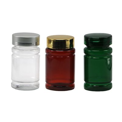 Bouteille de 80 ml de pilule PET avec couleur personnalisée et capuchons dorés argentés