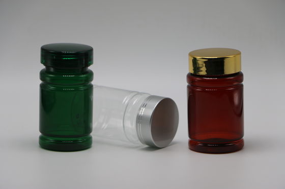 Bouteille de 80 ml de pilule PET avec couleur personnalisée et capuchons dorés argentés